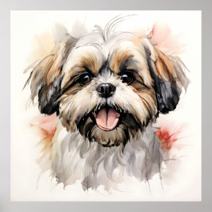 Poster Retrato a Tinta de Cachorrinho Shih-tzu Feliz