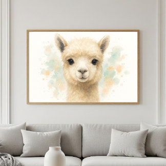 Poster Retrato Adorável de Alpaca em Aquarela