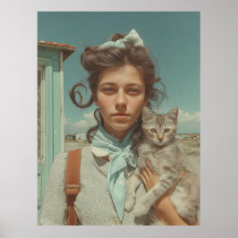 Poster Retrato Antigo de Menina Segurando Gatinho