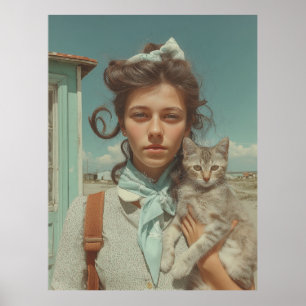 Poster Retrato Antigo de Menina Segurando Gatinho