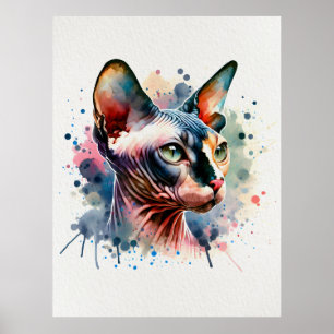 Poster Retrato Artístico De Gato Esfingx Por Aquarela