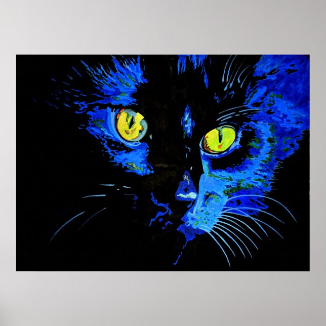 Poster Retrato Artístico De Gato Negro Com Amarelo Em Gre (Frente)