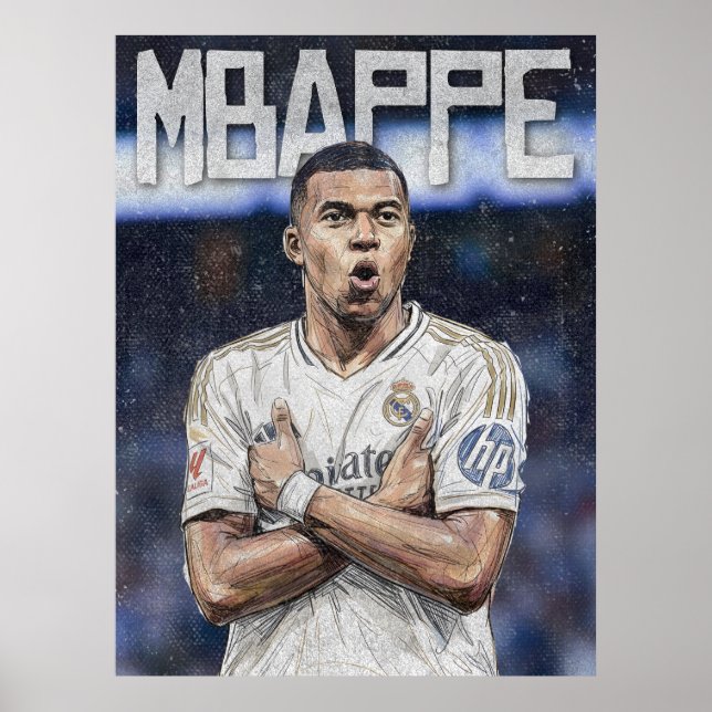 Poster Retrato Artístico de Kylian Mbappe com Rabiscos (Frente)