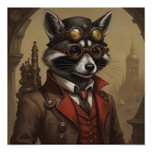 Pôster Retrato Artístico Steampunk Raccoon (Frente)