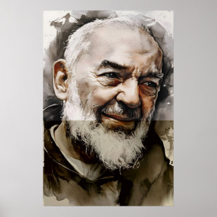 Poster Retrato Católico em Aquarela do Santo Padre Pio