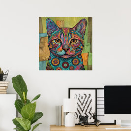Poster Retrato Colorido de Gato em Mandala Arte Vibrante