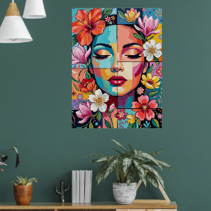 Poster Retrato Colorido de Mulher Floral Pop Art Colorida