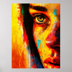 Poster Retrato Colorido de Mulher Olhar Vibrante de Perto