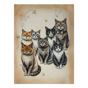 Pôster Retrato da Família Cat Inspirado na Vintage