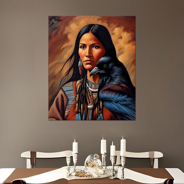 Poster Retrato da Mulher Animal Nativa Americana Raven Sp (Native American woman portrait with Raven spirit animal)