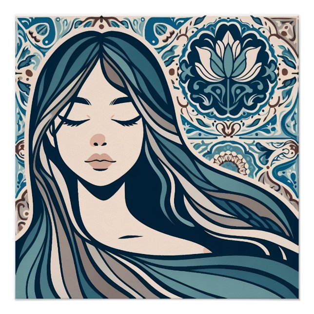 Pôster Retrato da Mulher do Mosaico Boho com Arte Azul Fl (Frente)