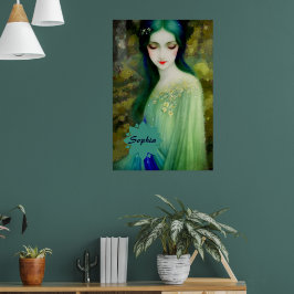 Poster Retrato da Mulher Fantasia Elegante em Verde e Azu