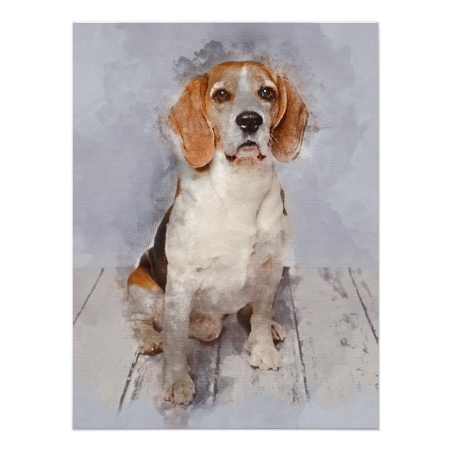 Pôster Retrato de Aquarela de Beagle Cute (Frente)