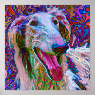 Poster Retrato de Arte Canina Borzoi Feliz e Louca