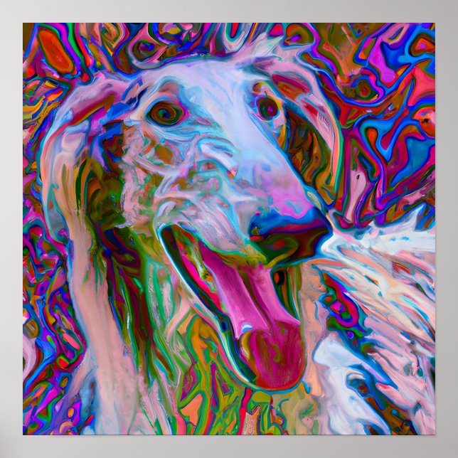 Poster Retrato de Arte Canina Borzoi Feliz e Louca (Frente)