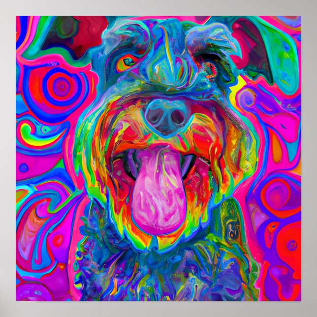 Poster Retrato de Arte de Cachorro Louco e Feliz (Frente)