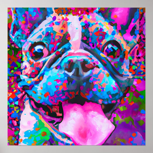Poster Retrato de Arte de Cachorro Louco Feliz Francês (Frente)