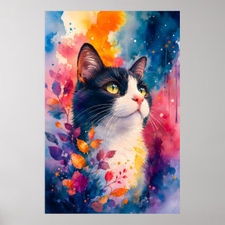 Poster Retrato de arte de gato smoking em aquarela cores
