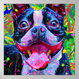 Poster Retrato de Arte Louco e Feliz de Boston Terrier Do