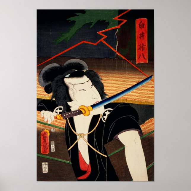 Poster Retrato de Ator com Katana por Toyohara Kunichik (Frente)