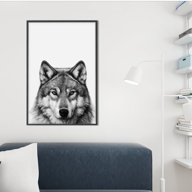 Poster Retrato de Cabeça de Lobo Preto e Branco (Criador carregado)