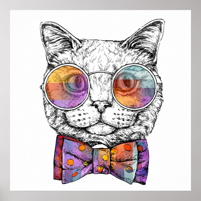 Poster Retrato de Cat (A detailed black and white sketch of a cat's face, adorned with round, colorful glasses.)