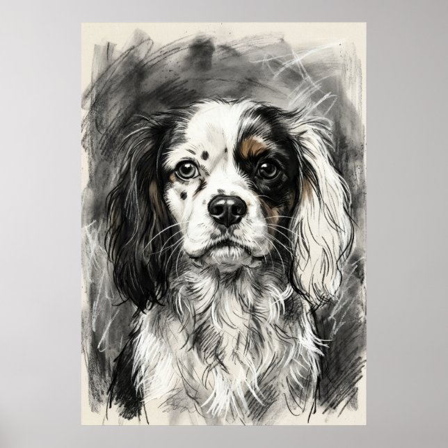 Poster Retrato de Cavalier King Charles Spaniel em Carvão (Frente)