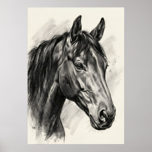 Poster Retrato de Cavalo Desenho a Carvão Realista Equest