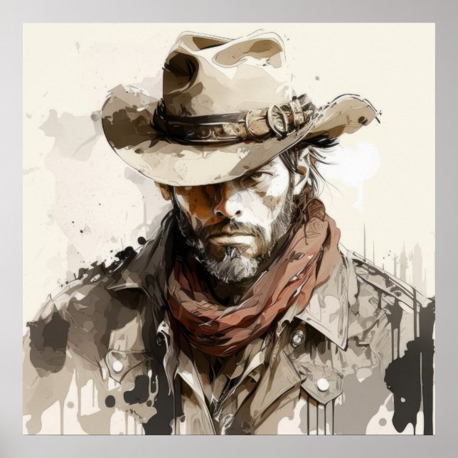 Poster Retrato de Cowboy Ocidental pintando cavalos histó (Frente)