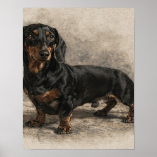 Poster Retrato de Dachshund Preto e Castanho em Cinza Que