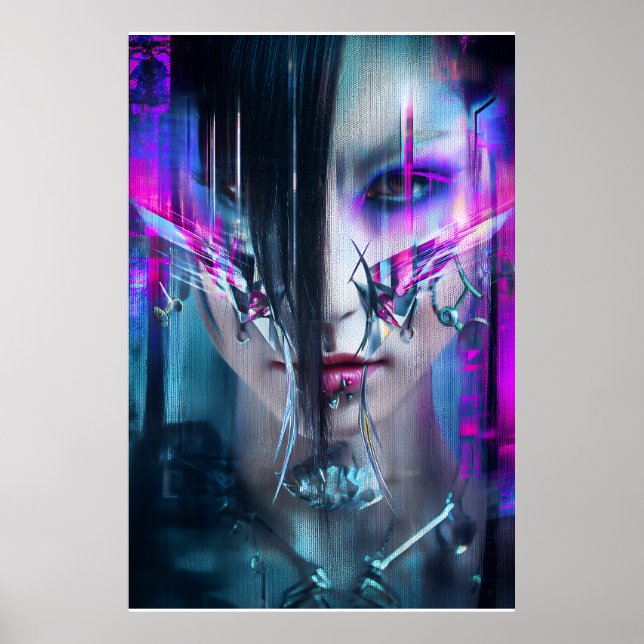 Poster Retrato de Distorção Neon de Rosto Cyberpunk com F (Frente)