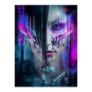 Pôster Retrato de Distorção Neon Rosto Cyberpunk Glitch