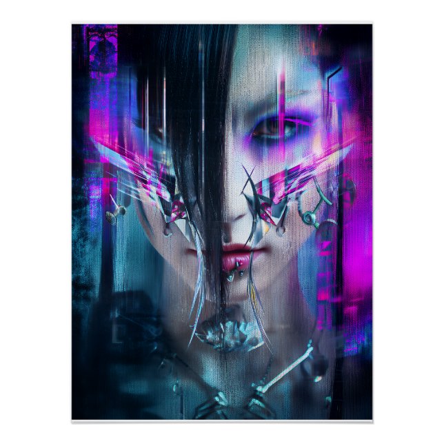 Pôster Retrato de Distorção Neon Rosto Cyberpunk Glitch (Frente)