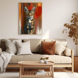 Poster Retrato de Gato Bengala Whimsical em fundo cardíac