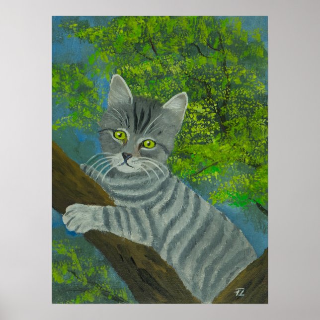 Poster Retrato de Gato de Olho Verde em Árvore (Frente)