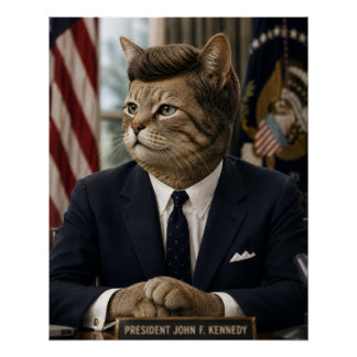 Pôster Retrato de Gato JFK | Arte Engraçada de Gato Presi