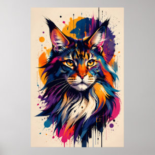 Poster retrato de gato maine coon colorido em estilo de a