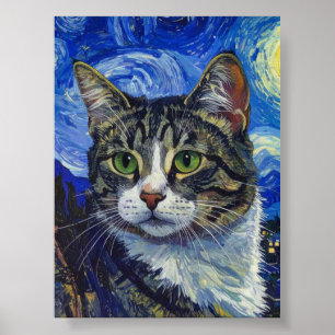 Poster Retrato de Gato Noturno Estrelado de Vincent Van G