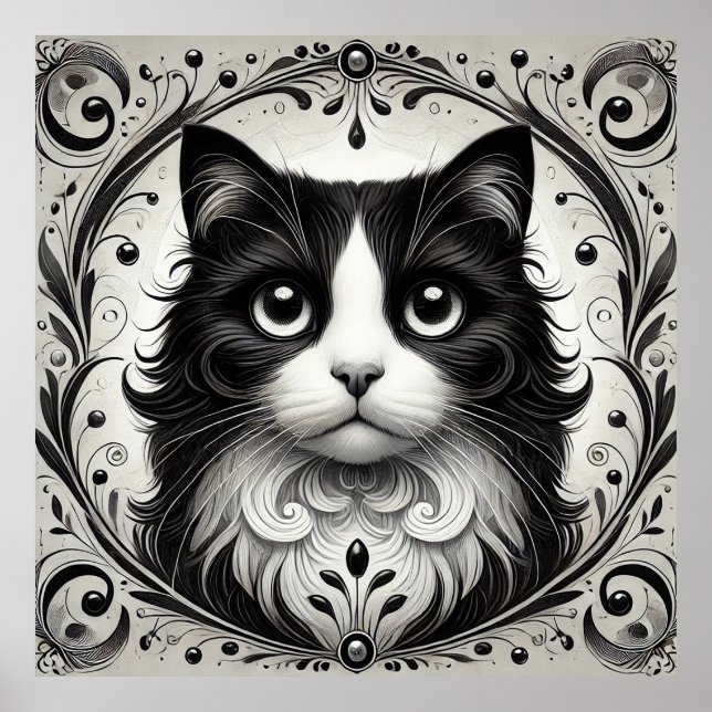 Poster Retrato de Gato Preto e Branco (Frente)