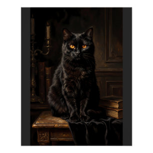 Pôster Retrato de Gato Preto Místico Vintage em Pintura a