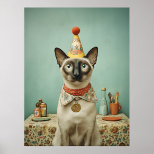 Poster Retrato de Gato Siamesês Vintage com Chapéu de Fes