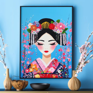 Poster Retrato de Geisha Flores de Cerejeira Arte de Pare