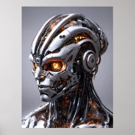 Poster Retrato de IA Cyborg Chrome Laranja Brilho Ficção