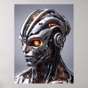 Poster Retrato de IA Cyborg Chrome Laranja Brilho Ficção
