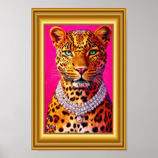 Poster Retrato de Leopardo de Luxo com Colar de Diamantes (Frente)