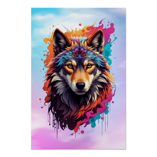 Pôster Retrato de Lobo Colorido Arte Abstrata de Animal-8 (Frente)
