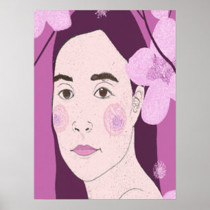 Poster Retrato de Menina Floral Rosa