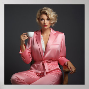 Poster Retrato de Modelo Garota Pin-Up Rosa Mulher de Esc