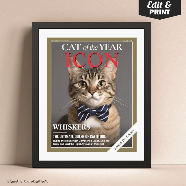 Poster Retrato de Modelo Pet da Revista de Cat Personaliz (Custom Cat Magazine Cover Template, Cat of the Year Pet Portrait Poster)