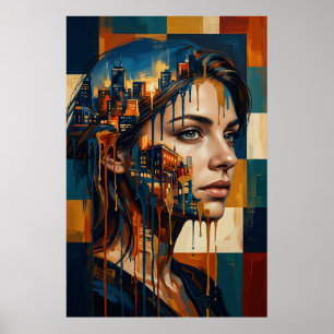 Poster Retrato de Mulher com Paisagem Urbana em Dupla Exp